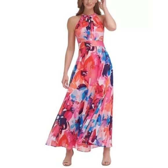 Eliza J Dresses & Skirts - Eliza J Size 14 Pink Watercolor Floral Maxi Dress Gown High Neck Halter Spring